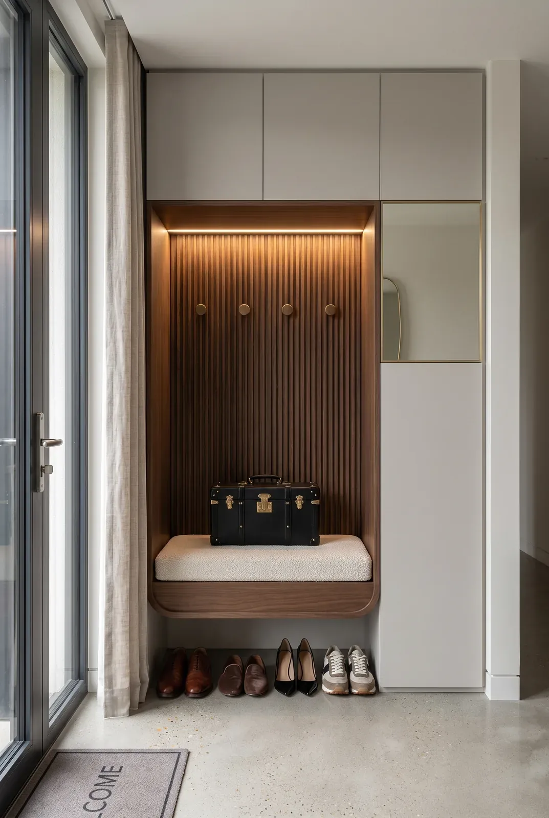 Custom shoe storage nook design by HATd Studio